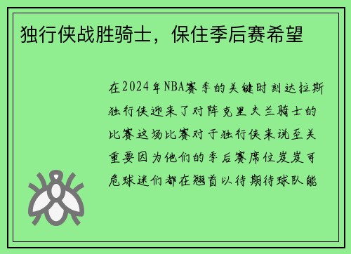 独行侠战胜骑士，保住季后赛希望